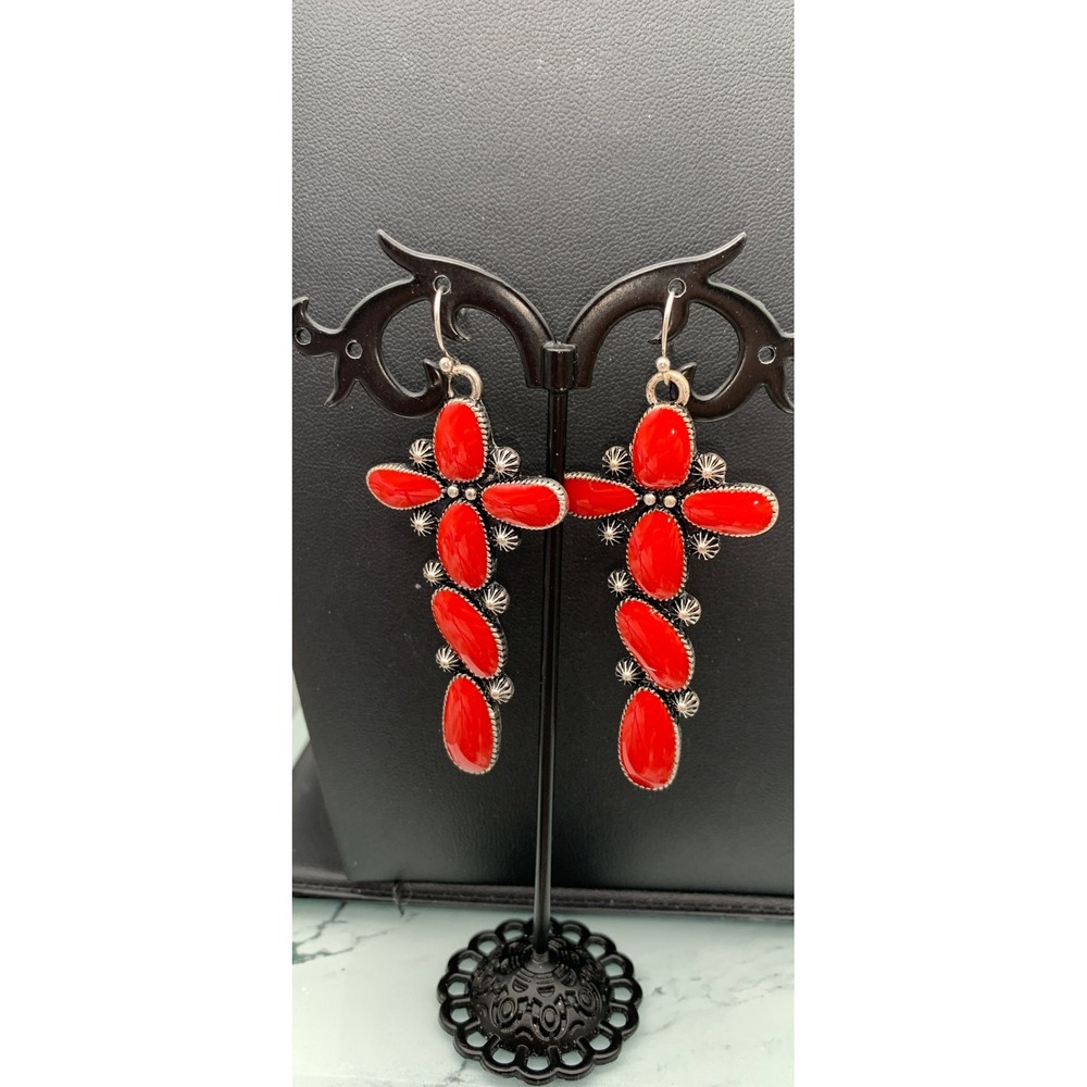 Silver tone and red enamel cross earrings